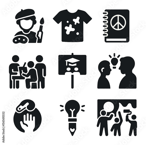 Youth Art Activism Icons. Solid, filled icons set of youth art activism: young artist, paint-splattered shirt,