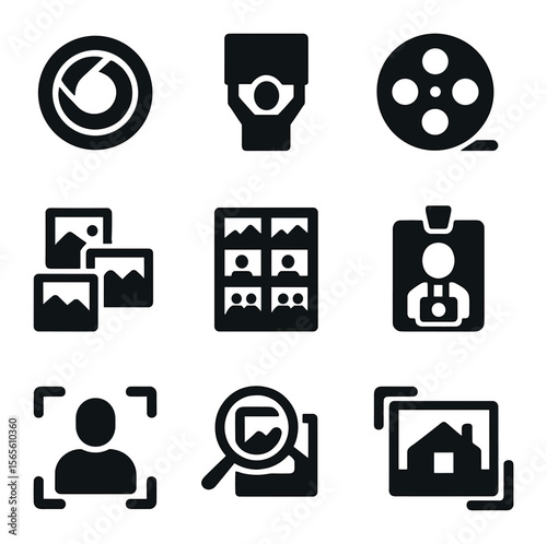 Photography Icon Set. Solid, filled icons set of photography and documentation: camera lens, protest photo,