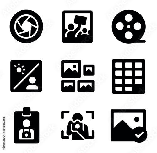 Photography Icon Set. Solid, filled icons set of photography and documentation: camera lens, protest photo,