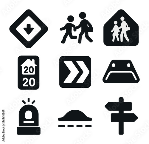 Urban Safety Icons. Solid, filled icons set of urban road safety signage: slow zone sign, children playing