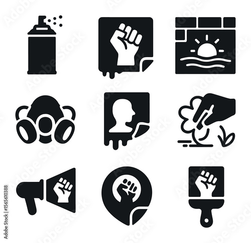 Street Art Icons. Solid, filled icons set of street art and activism: spray paint can, stencil icon, wall