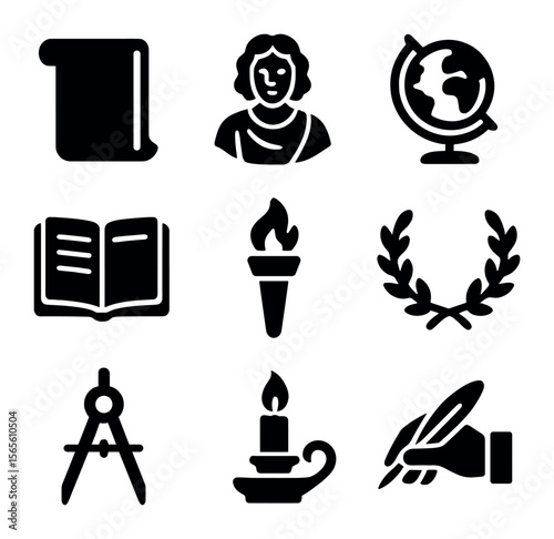 Renaissance Icons Grid. Solid, filled icons set of Renaissance intellectuals: parchment sheet, renaissance