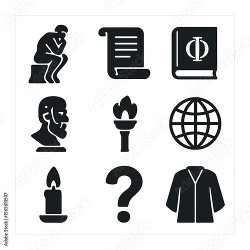 Famous Philosophers Icons. Solid, filled icons set of famous philosophers in history: thinker statue, ancient