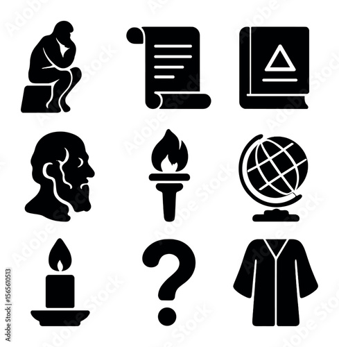 Famous Philosophers Icons. Solid, filled icons set of famous philosophers in history: thinker statue, ancient