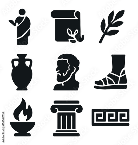 Greek Philosopher Icons. Solid, filled icons set of classical Greek philosophers: toga figure, scroll icon,
