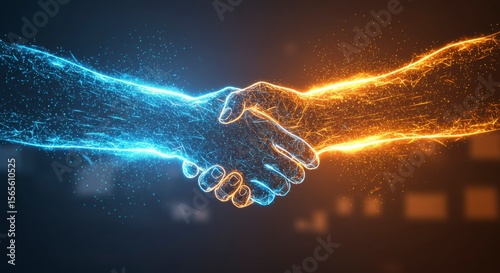 Abstract handshake of two digital hands, representing a digital partnership or agreement