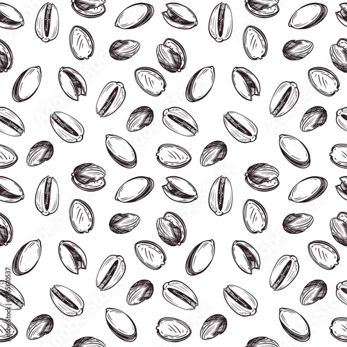 Seamless vector pattern. Pistachio nuts in the shell and without the shell. All objects are hand-drawn in vector. The illustration is suitable for printing on fabric, paper, product packaging design.