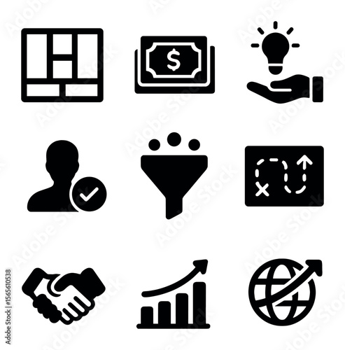 Business Innovation Icons. Solid, filled icons set of business model innovation: business canvas, revenue