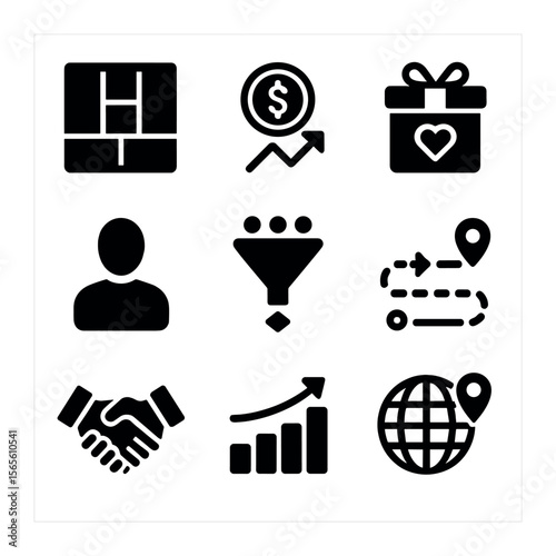 Business Innovation Icons. Solid, filled icons set of business model innovation: business canvas, revenue