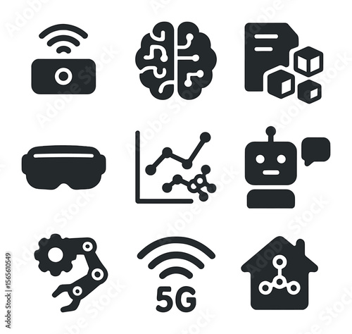 Emerging Tech Icon Set. Solid, filled icons set of emerging technology implementation: IoT sensor, AI brain,