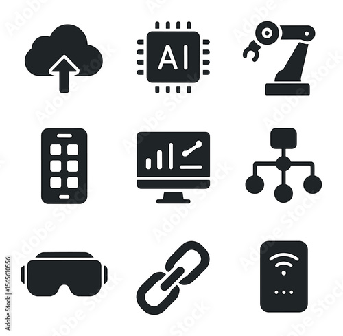 Modern Technology Icons. Solid, filled icons set of technology adoption in business: cloud computing, AI chip,