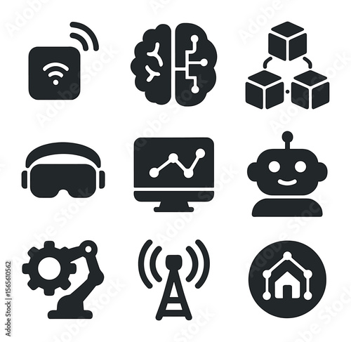 Emerging Tech Icon Set. Solid, filled icons set of emerging technology implementation: IoT sensor, AI brain,