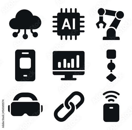 Modern Technology Icons. Solid, filled icons set of technology adoption in business: cloud computing, AI chip,