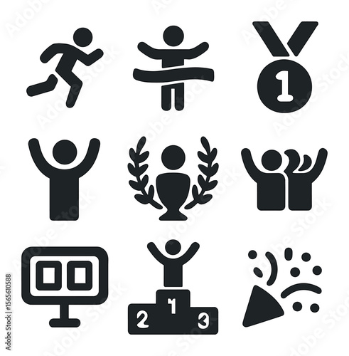 Track Icons Collection. Solid, filled icons set of track and field celebration: running athlete, finish line