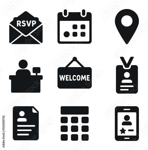 Event Icons Grid. Solid, filled icons set of event planning and participation: RSVP envelope, event calendar,