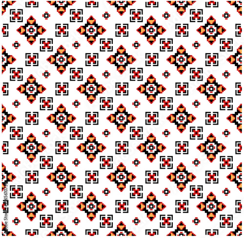 Traditional Ukrainian embroidery pattern with red and black geometric floral motifs. Seamless pixel vector ornament isolated on white background. Folk embroidery and ethnic textile concept