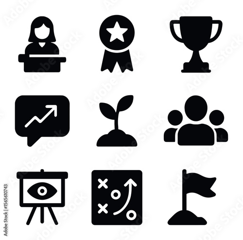 Leadership Icons Grid. Solid, filled icons set of leadership and influence: woman at podium, star badge, award
