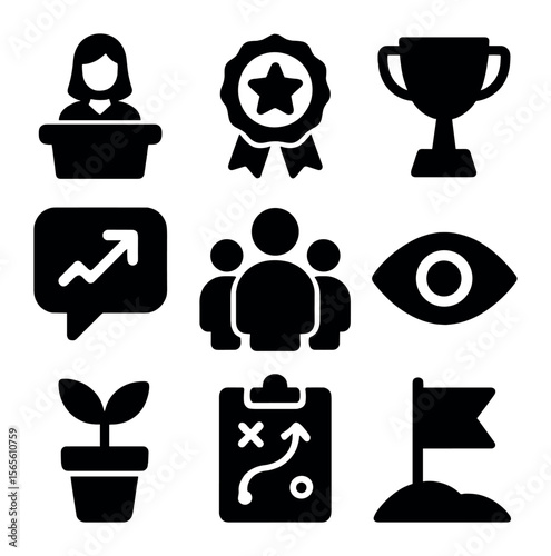 Leadership Icons Grid. Solid, filled icons set of leadership and influence: woman at podium, star badge, award