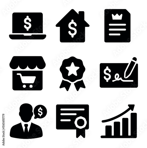 Multiple Income Streams. Solid, filled icons set of multiple income streams: laptop with dollar, rental house,