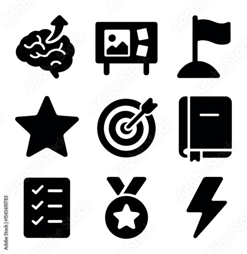 Wealth Mindset Icons. Solid, filled icons set of wealth building mindset: growth mindset brain, vision board,
