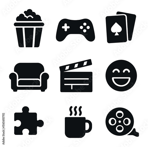 Family Fun Icons. Solid, filled icons set of family game and movie nights: popcorn bucket, game controller,