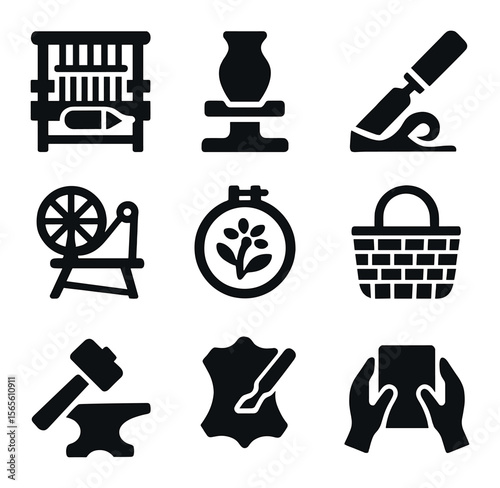 Handcrafts Icon Set. Solid, filled icons set of traditional handcrafts and artisans: weaving loom, pottery