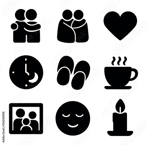 Cozy Family Moments Icons. Solid, filled icons set of spending time with loved ones: hugging figures, shared