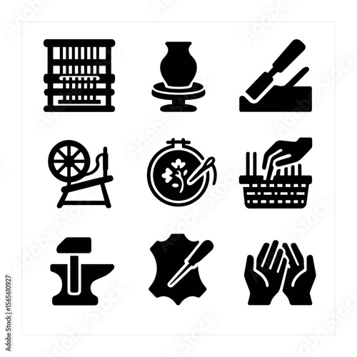 Handcrafts Icon Set. Solid, filled icons set of traditional handcrafts and artisans: weaving loom, pottery