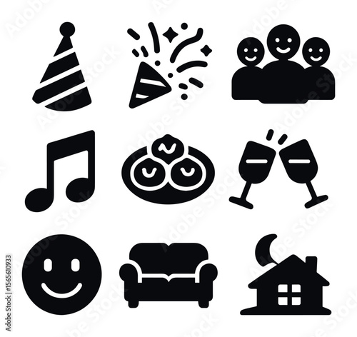 Joyful Gathering Icons. Solid, filled icons set of joyful home gatherings: celebration hat, confetti burst,