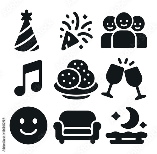 Joyful Gathering Icons. Solid, filled icons set of joyful home gatherings: celebration hat, confetti burst,