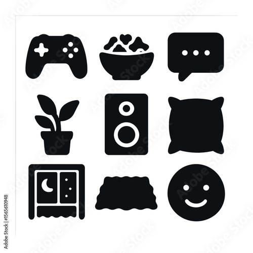 Casual Living Room Icons. Solid, filled icons set of casual living room hangout: game controller, snack bowl,