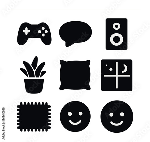 Casual Living Room Icons. Solid, filled icons set of casual living room hangout: game controller, snack bowl,