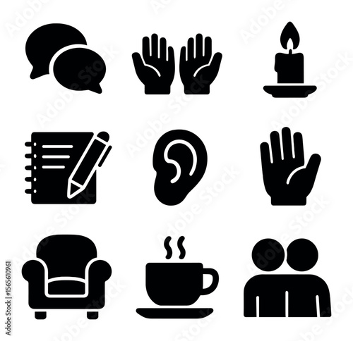 Evening Chat Icons. Solid, filled icons set of evening conversations: two speech bubbles, expressive hands,