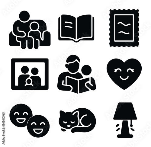 Family Living Room Icons. Solid, filled icons set of family living room time: parent and child, open book,
