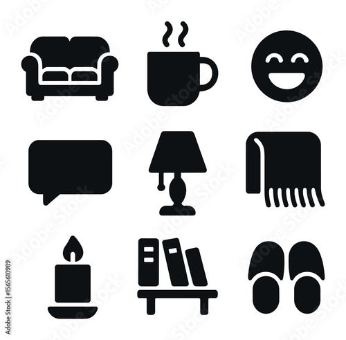 Cozy Evening Icons. Solid, filled icons set of cozy evening living room moments: comfy sofa, steaming mug,