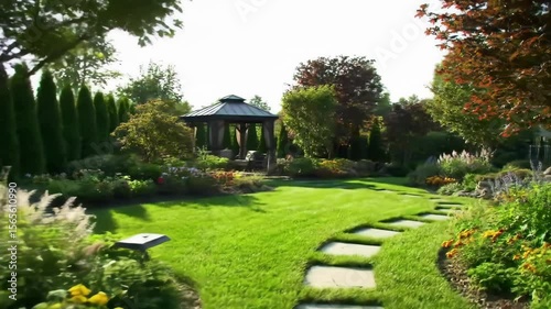 Lush manicured garden with stone pathway and beautiful landscaping