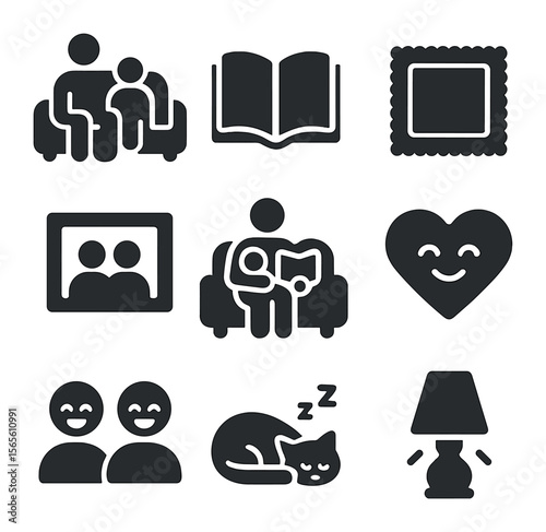 Family Living Room Icons. Solid, filled icons set of family living room time: parent and child, open book,