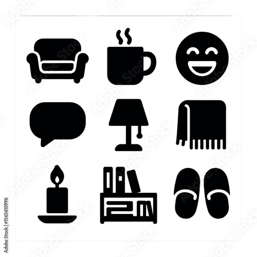 Cozy Evening Icons. Solid, filled icons set of cozy evening living room moments: comfy sofa, steaming mug,