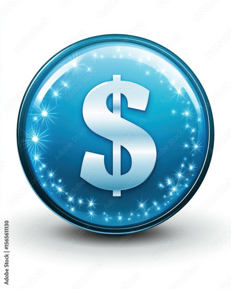Obraz premium Shiny Blue Dollar Symbol. Round Button Illustration with Starburst Effect for Financial Concepts