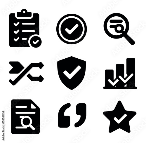 News Verification Icons. Solid, filled icons set of news verification and fact-checking: checklist clipboard,