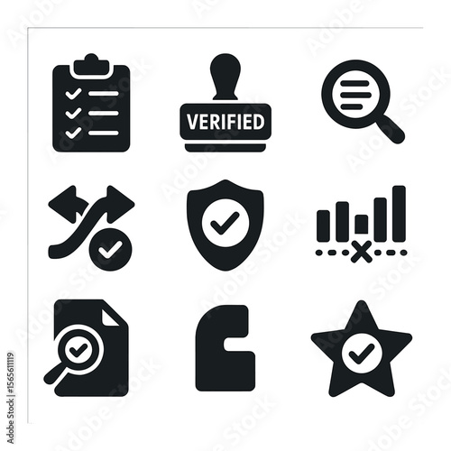 News Verification Icons. Solid, filled icons set of news verification and fact-checking: checklist clipboard,