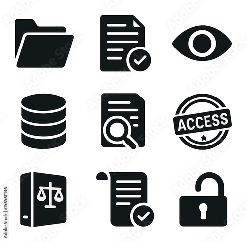 Freedom Information Icons. Solid, filled icons set of freedom of information tools: open records folder, FOIA