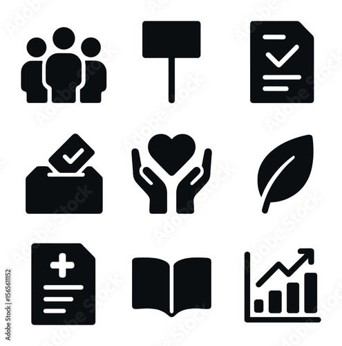 Public Interest Icons. Solid, filled icons set of public interest reporting themes: community group, protest