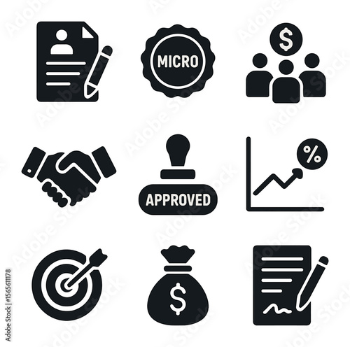 Funding Icons Grid. Solid, filled icons set of funding and lending platforms: loan application form, microloan