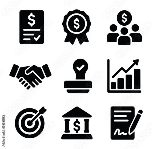 Funding Icons Grid. Solid, filled icons set of funding and lending platforms: loan application form, microloan