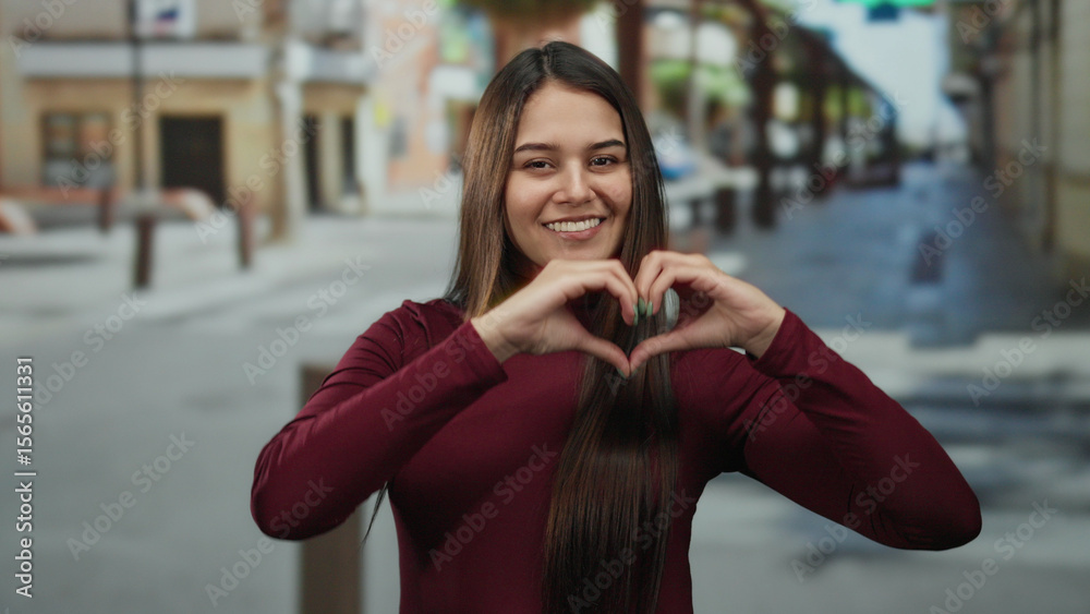 Fototapeta premium Woman making heart gesture on urban street showing happiness and positivity in vibrant setting with attention to youthful feminine energy and outdoor lifestyle.