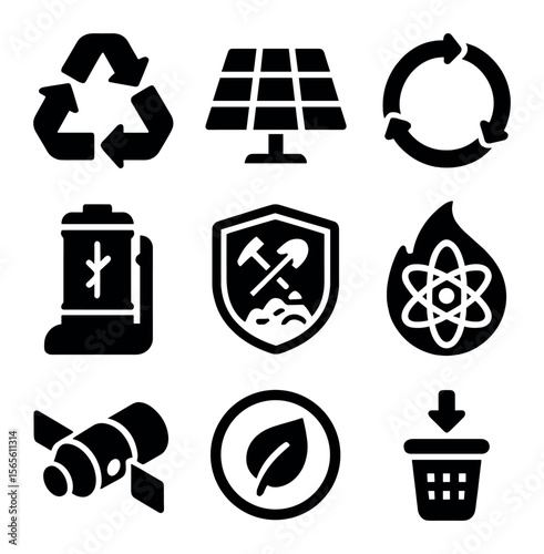 Sustainable Space Icons. Solid, filled icons set of sustainable space resource use: recycling system, green