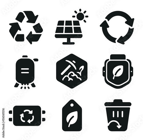 Sustainable Space Icons. Solid, filled icons set of sustainable space resource use: recycling system, green