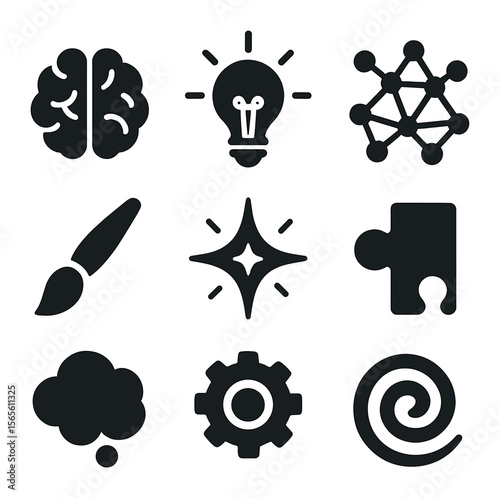 Creative Icons Grid. Solid, filled icons set of brain creativity connections: brain icon, lightbulb idea,