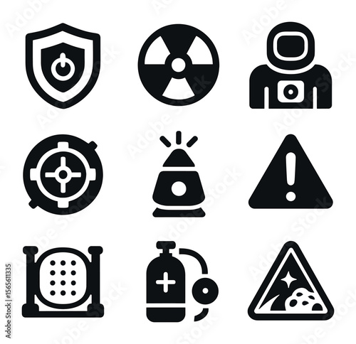 Space Safety Icons. Solid, filled icons set of space mining safety and logistics: shield generator, radiation